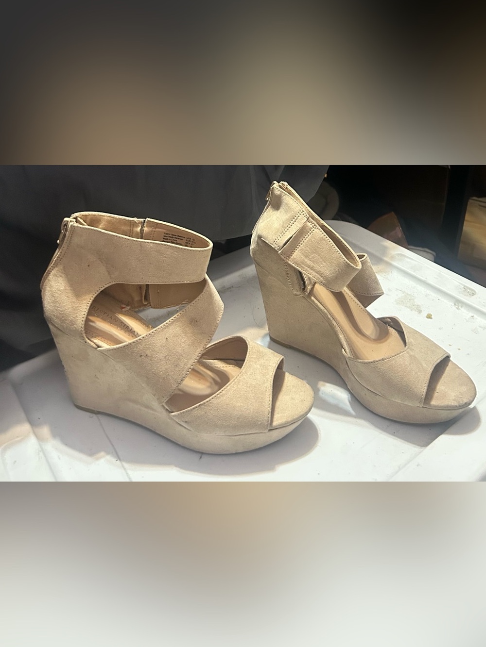 Rainbow Beige Suede Wedge Sandals with Ankle Wrap